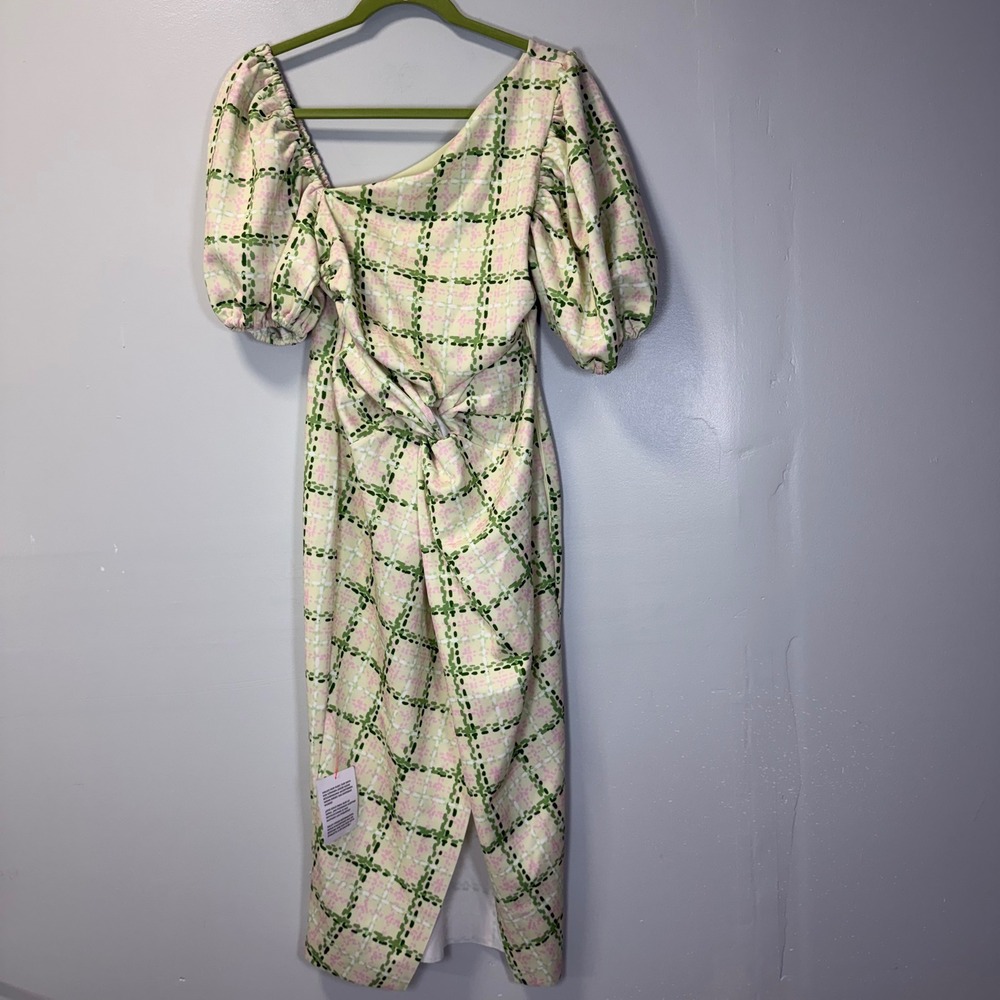 ASOS DESIGN Green Pink Check Puff Sleeve Twist Front Midi Dress US 6 New